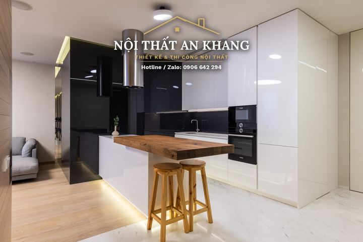Bếp trắng – đen, đảo gỗ – mẫu thiết kế Nội Thất An Khang