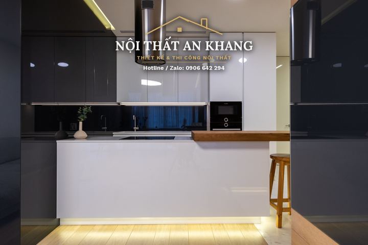 Bếp trắng – đen, đảo gỗ – góc 3