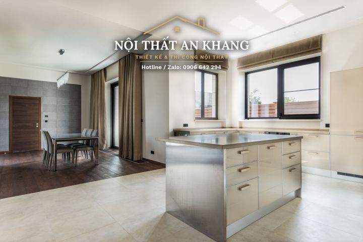 Bếp biệt thự hồ bơi – đảo inox – góc 5
