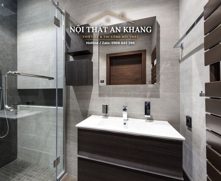 Phòng tắm biệt thự – tủ lavabo gỗ tối – góc 2
