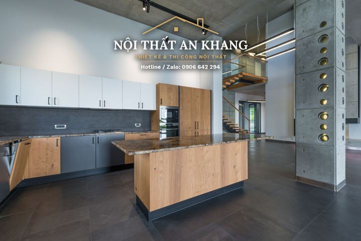 Bếp đảo gỗ biệt thự ven hồ – mẫu thiết kế nội thất biệt thự
