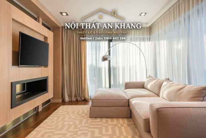 Phòng khách căn hộ cao cấp tông gỗ – góc 2
