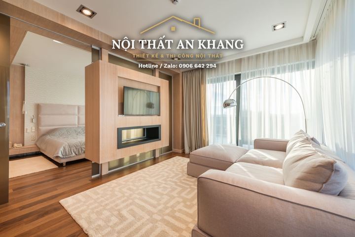 Phòng khách căn hộ cao cấp tông gỗ – góc 4