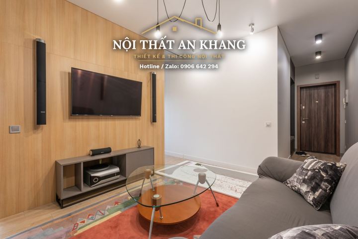 Căn hộ nhỏ gỗ sồi vàng – phòng khách & bếp – mẫu thiết kế nội thất căn hộ