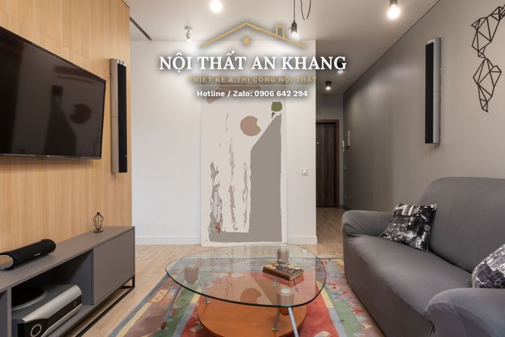 Căn hộ nhỏ gỗ sồi vàng – phòng khách & bếp – góc 2