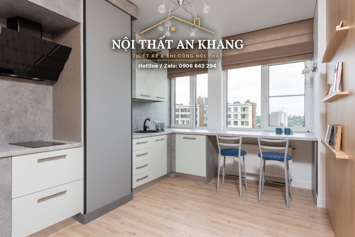 Căn hộ nhỏ gỗ sồi vàng – phòng khách & bếp – góc 4
