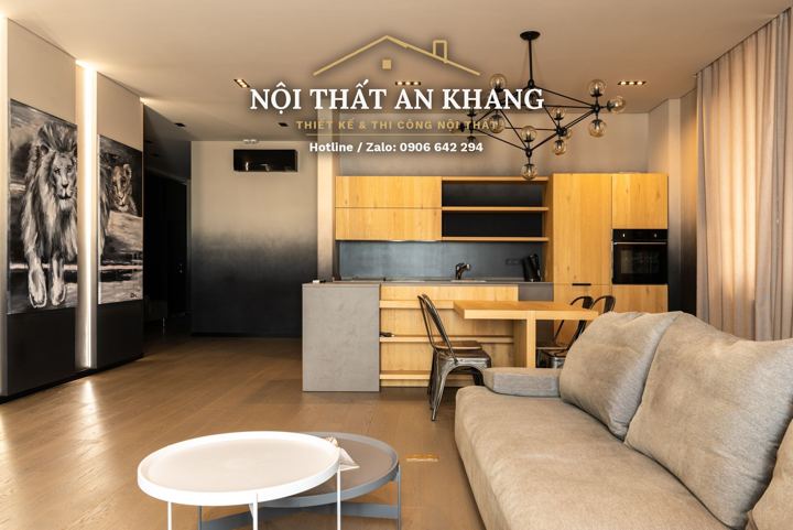 Phòng khách – bếp căn hộ gỗ sồi – mẫu thiết kế nội thất căn hộ