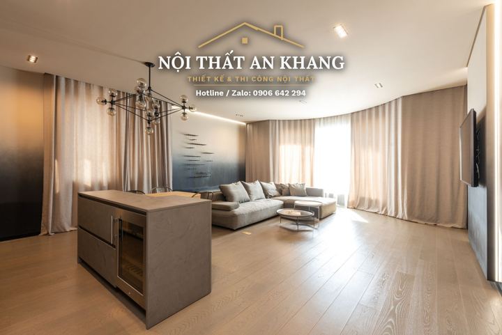 Phòng khách – bếp căn hộ gỗ sồi – góc 9