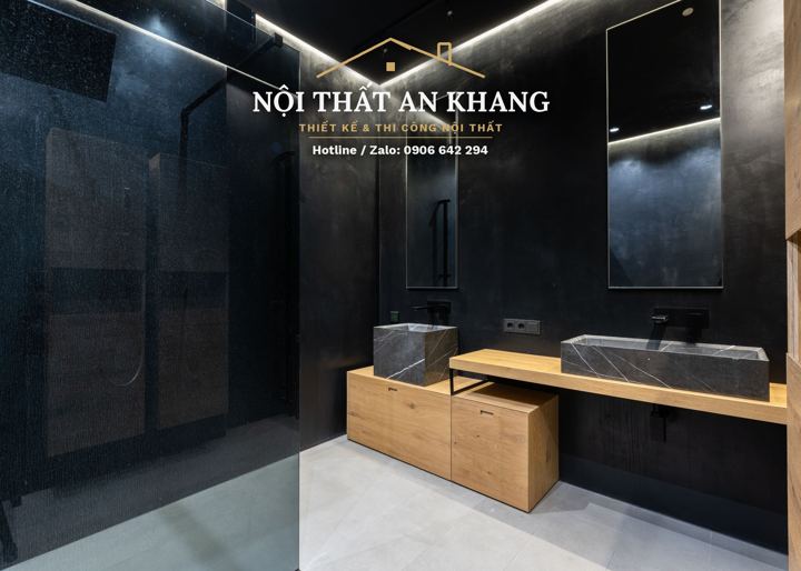 Phòng tắm đá đen phối gỗ – mẫu thiết kế nội thất căn hộ