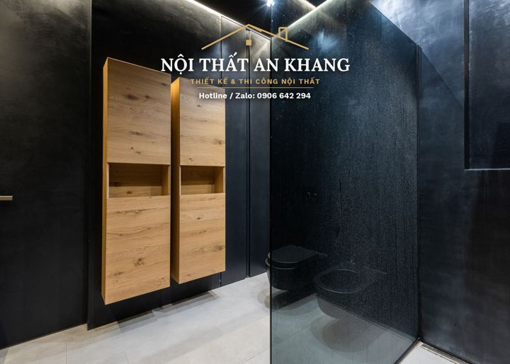Phòng tắm đá đen phối gỗ – góc 2
