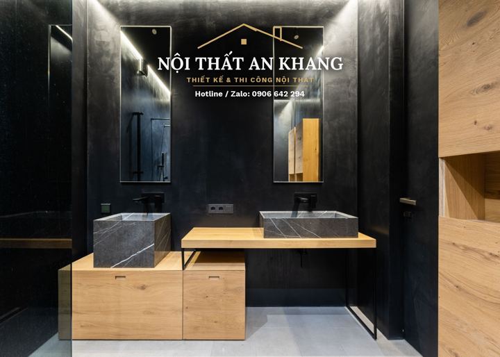 Phòng tắm đá đen phối gỗ – góc 3