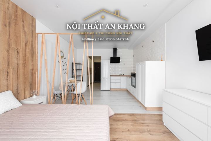 Căn hộ studio Japandi – vách lam gỗ sồi ngăn phòng ngủ – mẫu thiết kế nội thất căn hộ