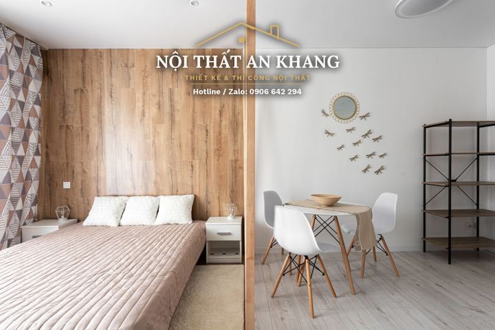 Căn hộ studio Japandi – vách lam gỗ sồi ngăn phòng ngủ – góc 4
