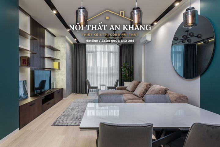 Phòng khách liền bếp căn hộ tường xanh – góc 2