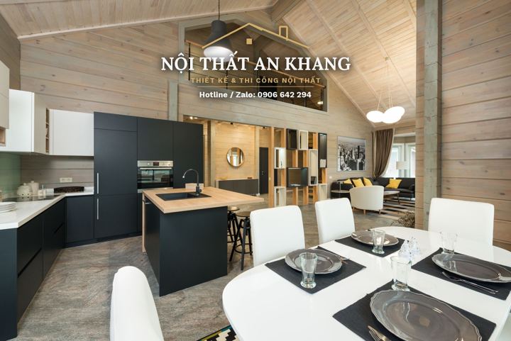Bếp & bàn ăn nhà phố – tủ đen phối gỗ – mẫu thiết kế nội thất nhà phố