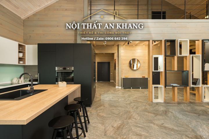 Bếp & bàn ăn nhà phố – tủ đen phối gỗ – góc 9