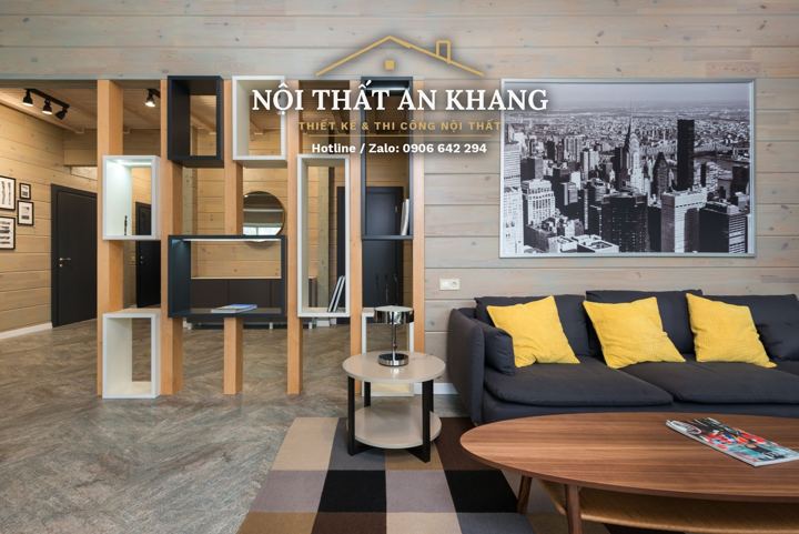 Phòng khách nhà phố ốp gỗ – gác lửng – góc 8