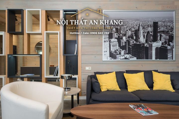 Phòng khách nhà phố ốp gỗ – gác lửng – góc 9