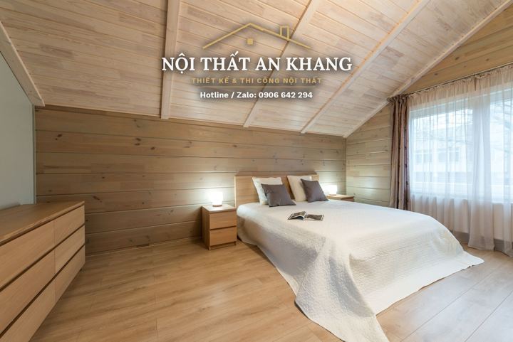 Phòng ngủ nhà phố ốp gỗ – tủ áo âm tường – mẫu thiết kế nội thất nhà phố
