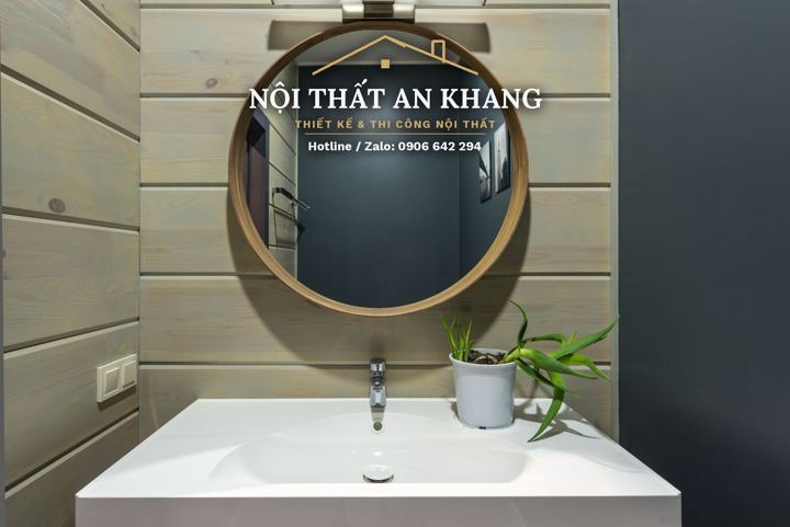 Phòng tắm nhà phố – gương tròn – mẫu thiết kế nội thất nhà phố