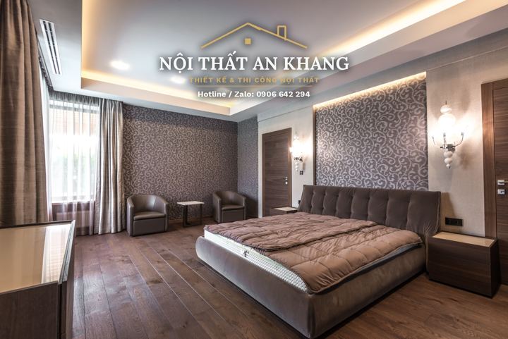 Phòng ngủ giấy dán tường hoa văn – mẫu thiết kế nội thất biệt thự