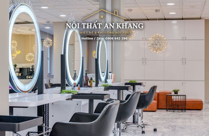 Salon tóc – bàn gương đèn tròn – mẫu thiết kế nội thất spa & salon
