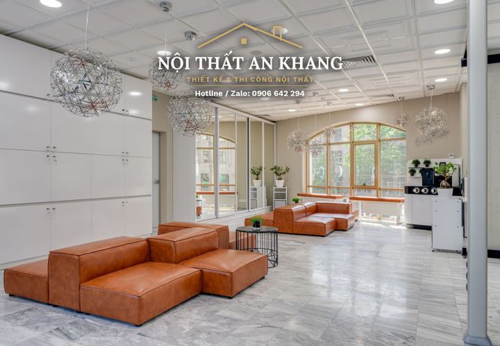 Salon tóc – khu chờ sofa da – mẫu thiết kế nội thất spa & salon