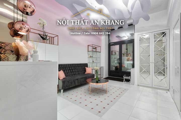 Spa tông hồng – sảnh đón & khu chờ – mẫu thiết kế nội thất spa & salon